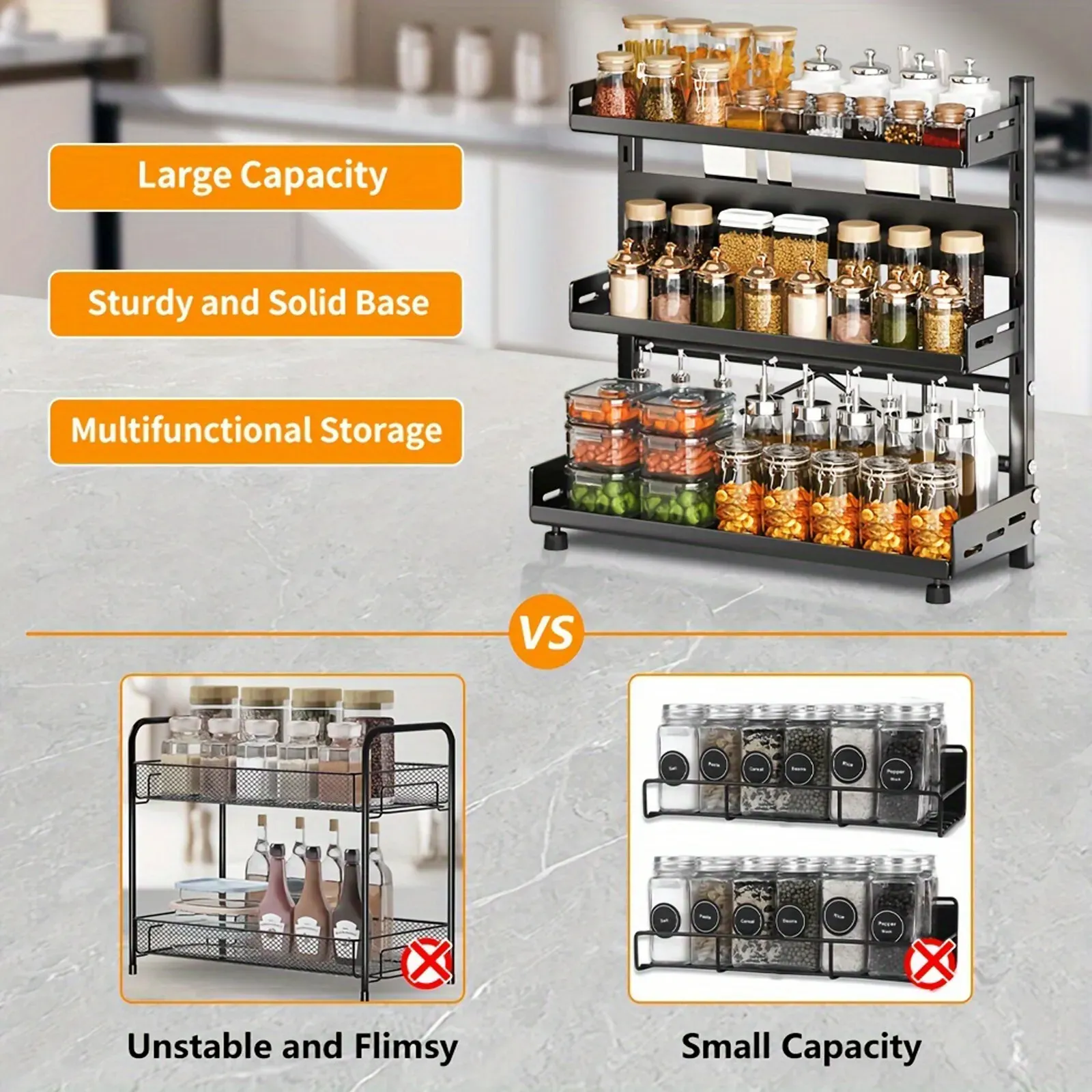 3-Tier Black Stainless Steel Spice Rack Kitchen Condiment Storage Shelf 40x16x54cm view 6