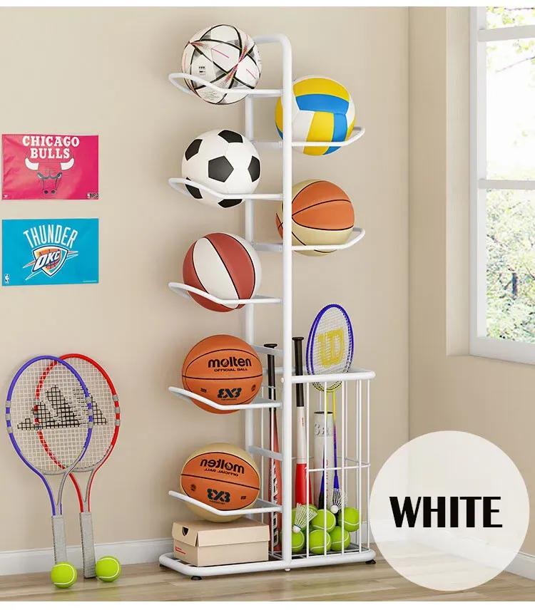White Ball Storage Rack for Football, Basketball, and Volleyball - 116cm Tall view 2
