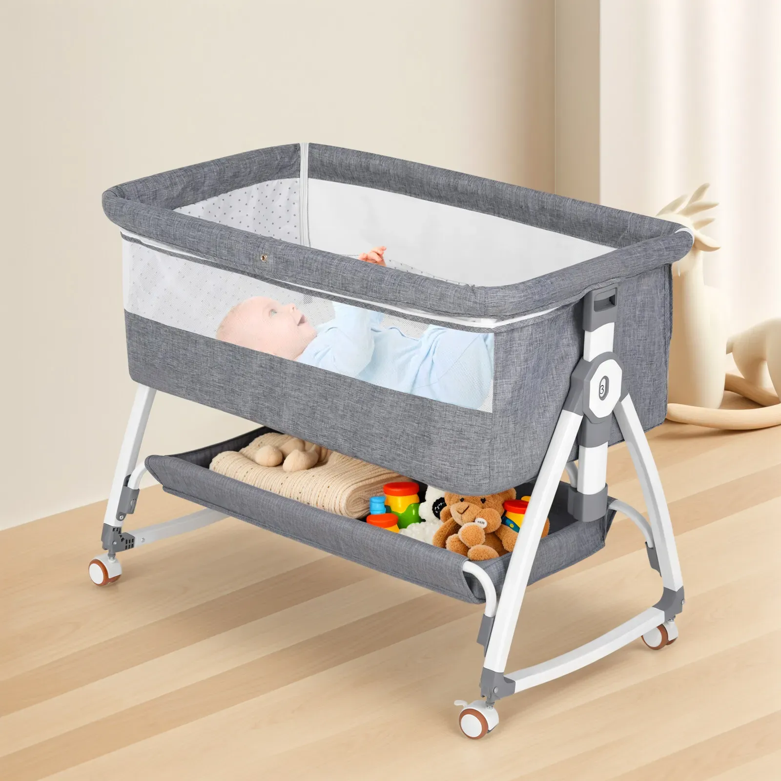 3-in-1 Adjustable Height Baby Bassinet Crib with Mosquito Net and Storage