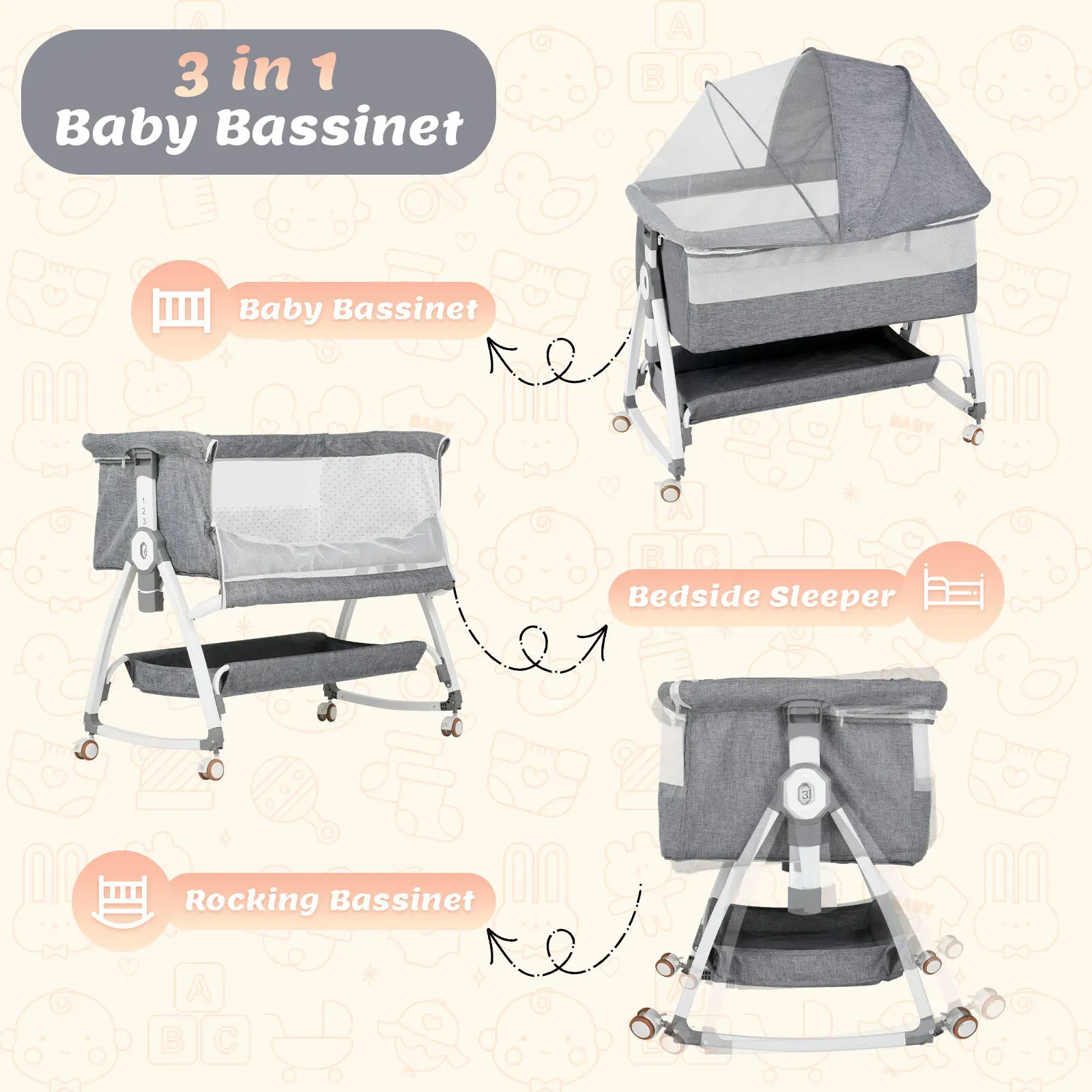 3-in-1 Adjustable Height Baby Bassinet Crib with Mosquito Net and Storage view 2