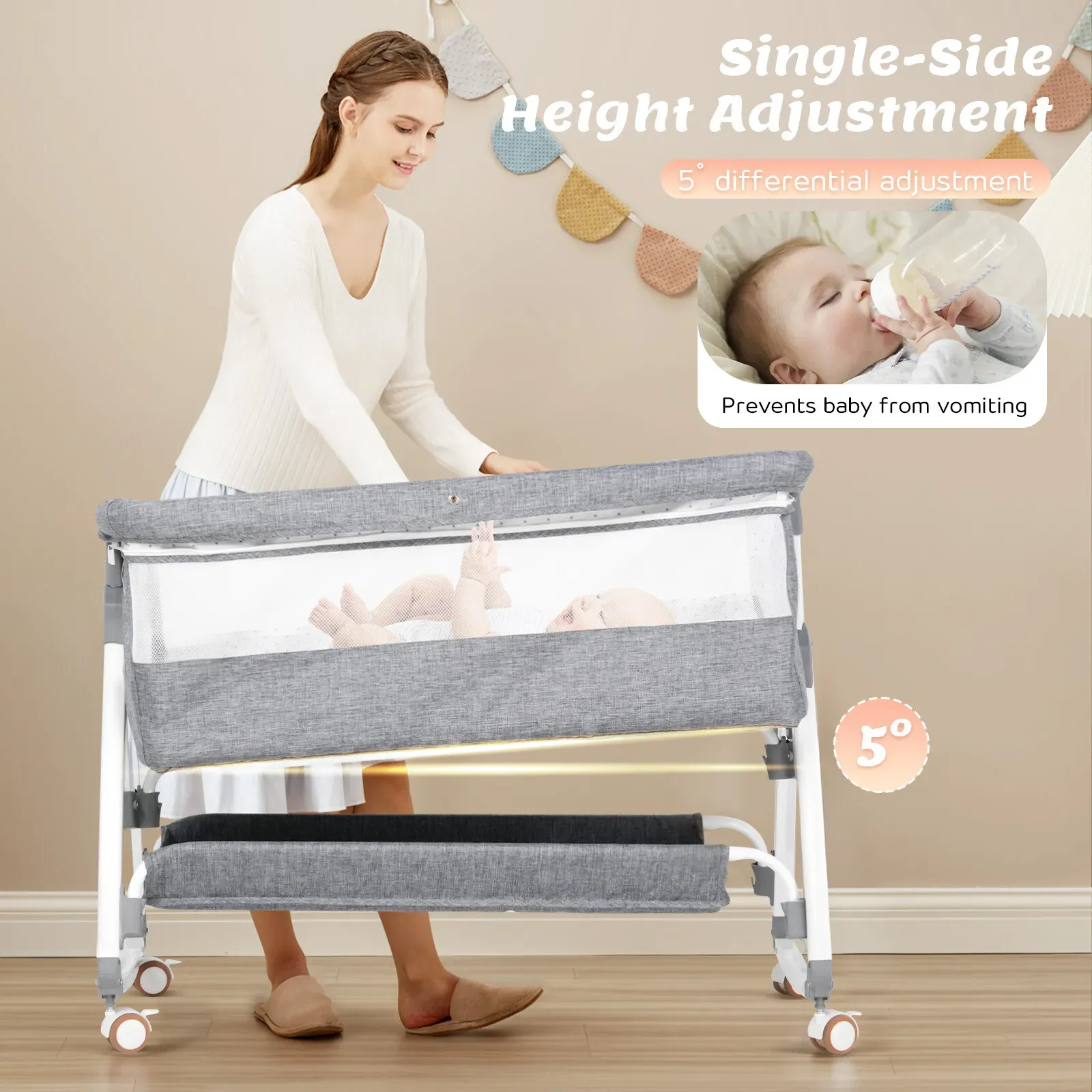 3-in-1 Adjustable Height Baby Bassinet Crib with Mosquito Net and Storage view 3