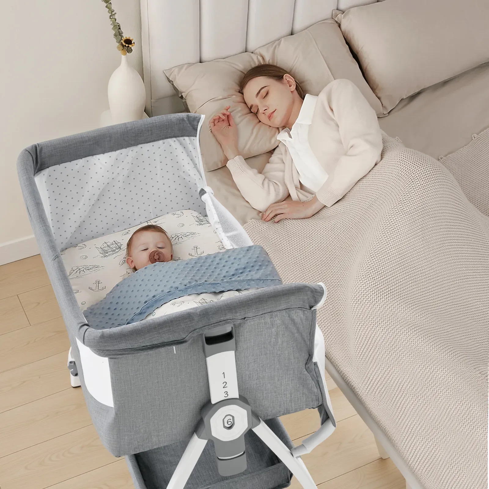 3-in-1 Adjustable Height Baby Bassinet Crib with Mosquito Net and Storage view 4