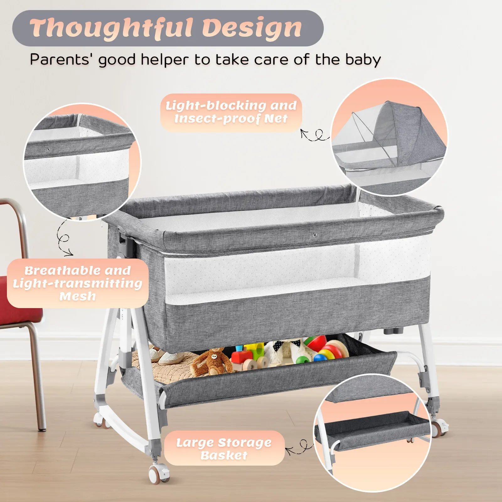 3-in-1 Adjustable Height Baby Bassinet Crib with Mosquito Net and Storage view 5