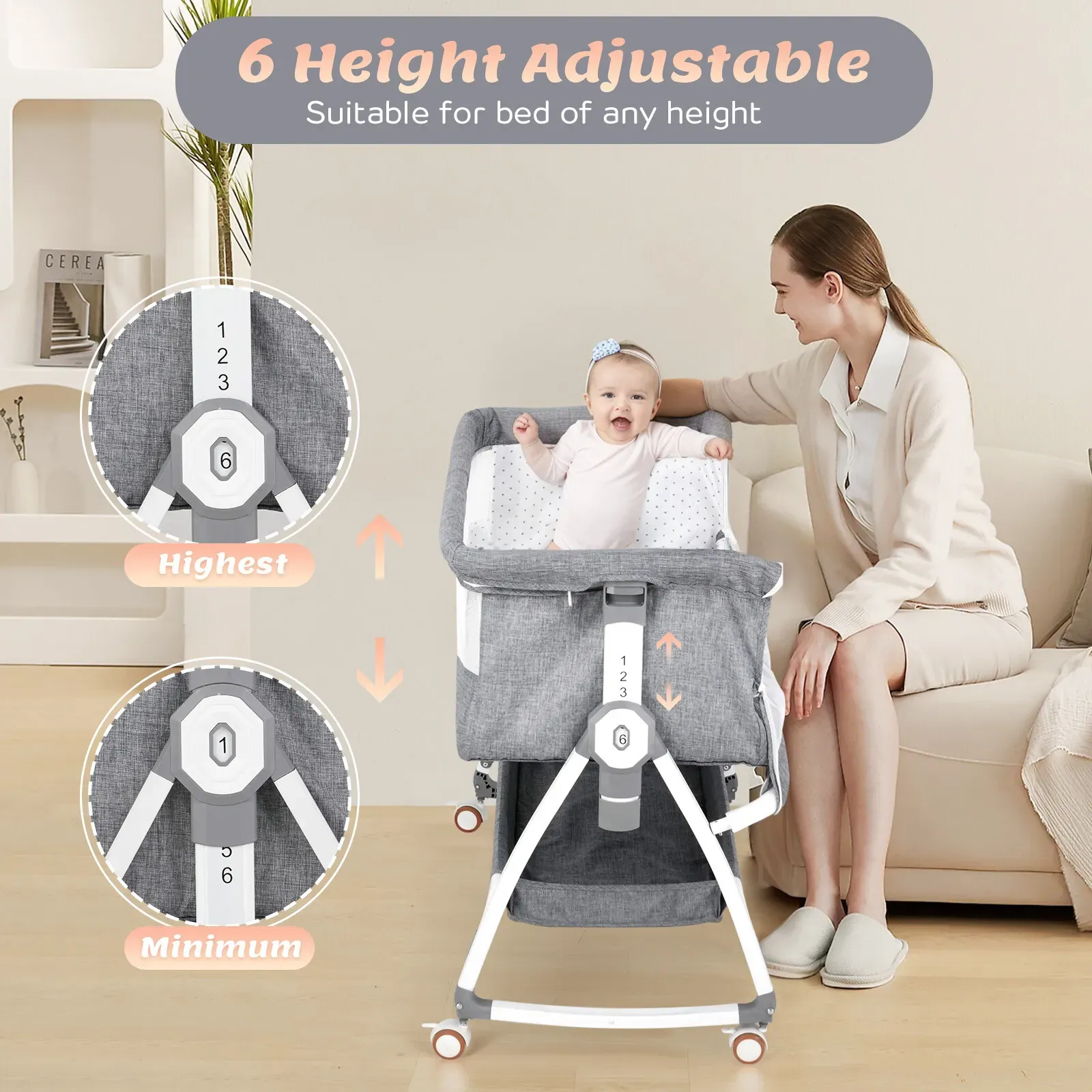 3-in-1 Adjustable Height Baby Bassinet Crib with Mosquito Net and Storage view 6