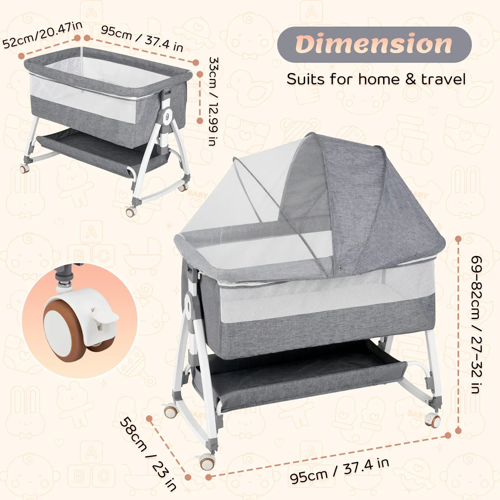 3-in-1 Adjustable Height Baby Bassinet Crib with Mosquito Net and Storage view 7