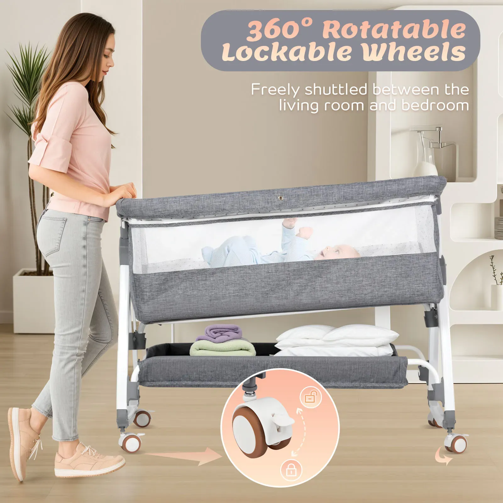 3-in-1 Adjustable Height Baby Bassinet Crib with Mosquito Net and Storage view 8