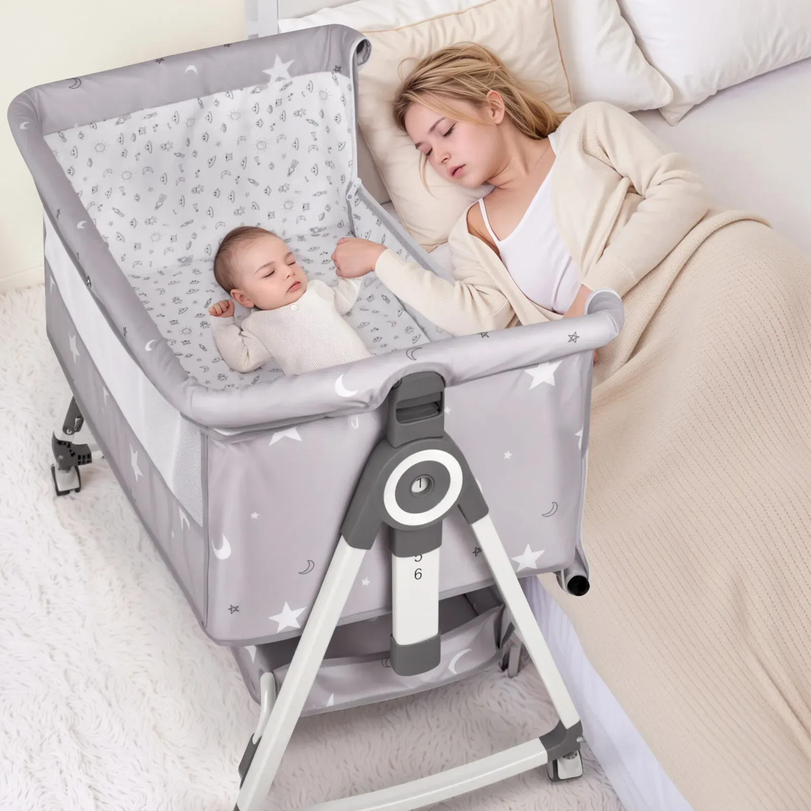 3-in-1 Grey Baby Bassinet Bedside Crib with Adjustable Height