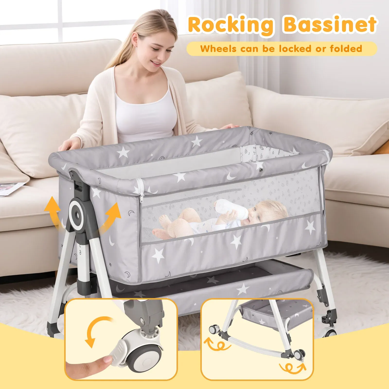 3-in-1 Grey Baby Bassinet Bedside Crib with Adjustable Height view 2