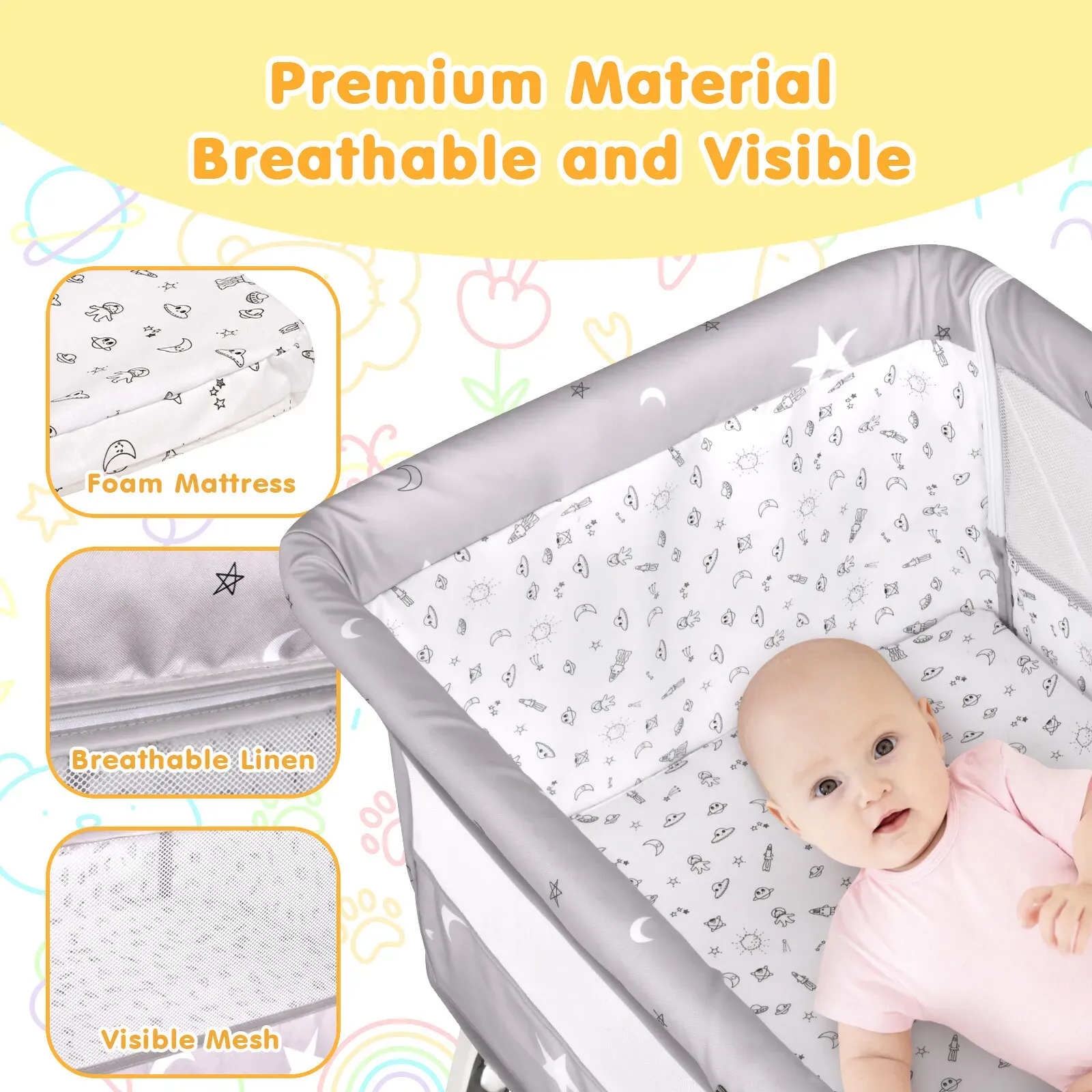 3-in-1 Grey Baby Bassinet Bedside Crib with Adjustable Height view 3