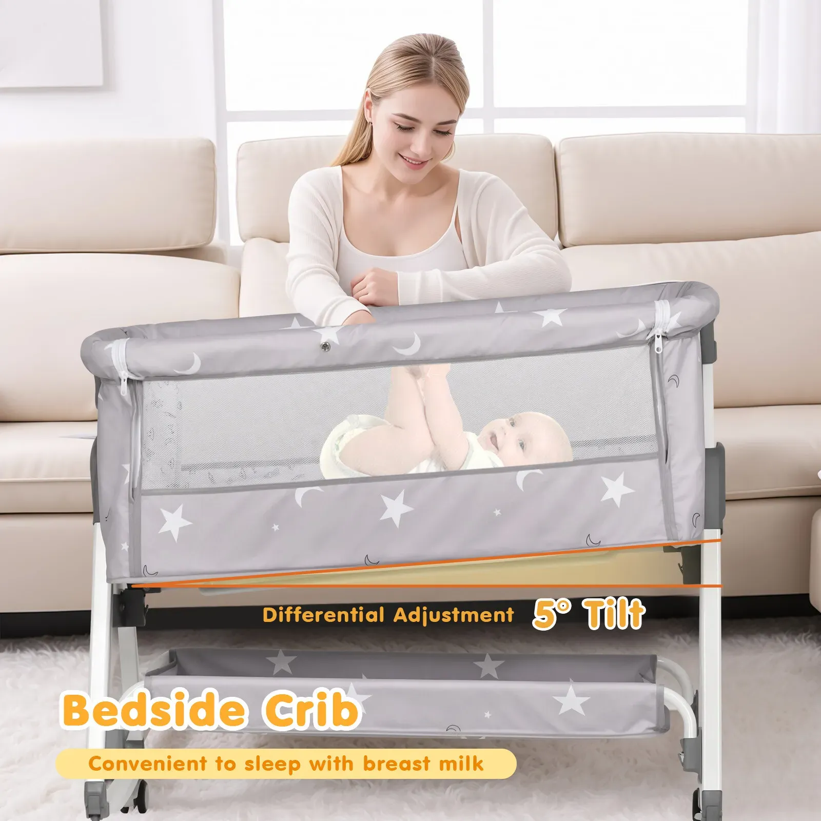 3-in-1 Grey Baby Bassinet Bedside Crib with Adjustable Height view 4