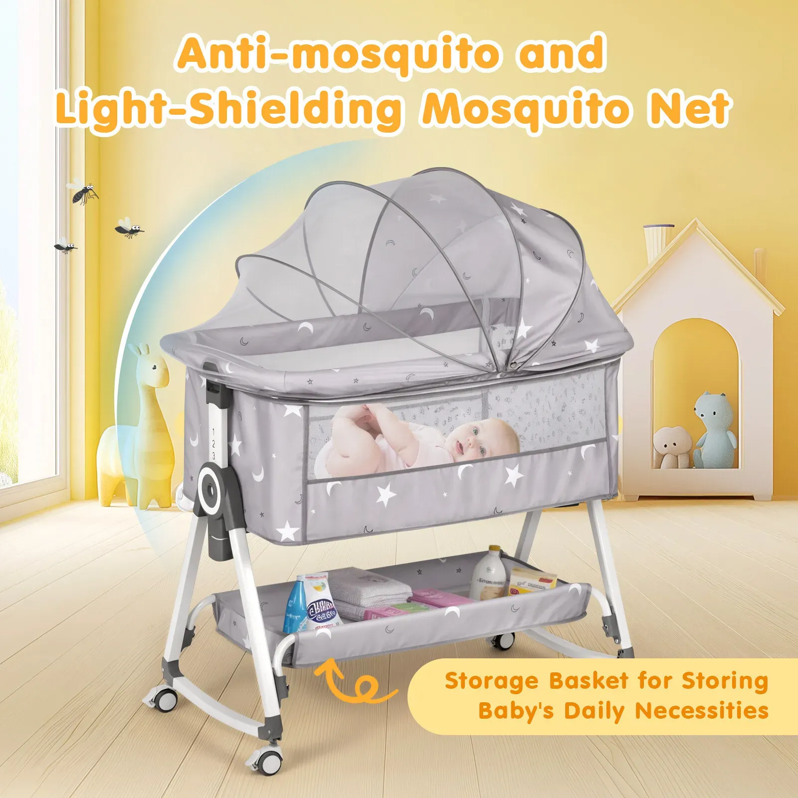 3-in-1 Grey Baby Bassinet Bedside Crib with Adjustable Height view 7