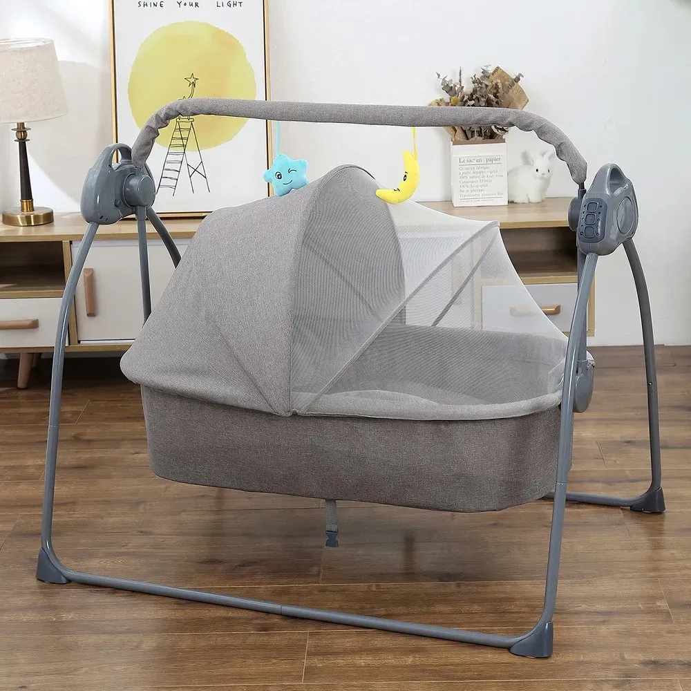 Electric Bassinet Crib Grey Baby Cradle with Lullabies and Remote Control — image 1