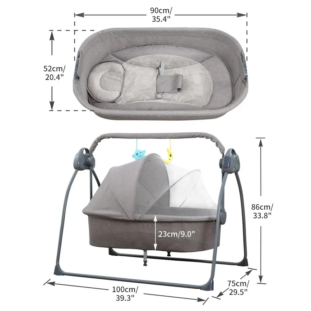 Electric Bassinet Crib Grey Baby Cradle with Lullabies and Remote Control view 9
