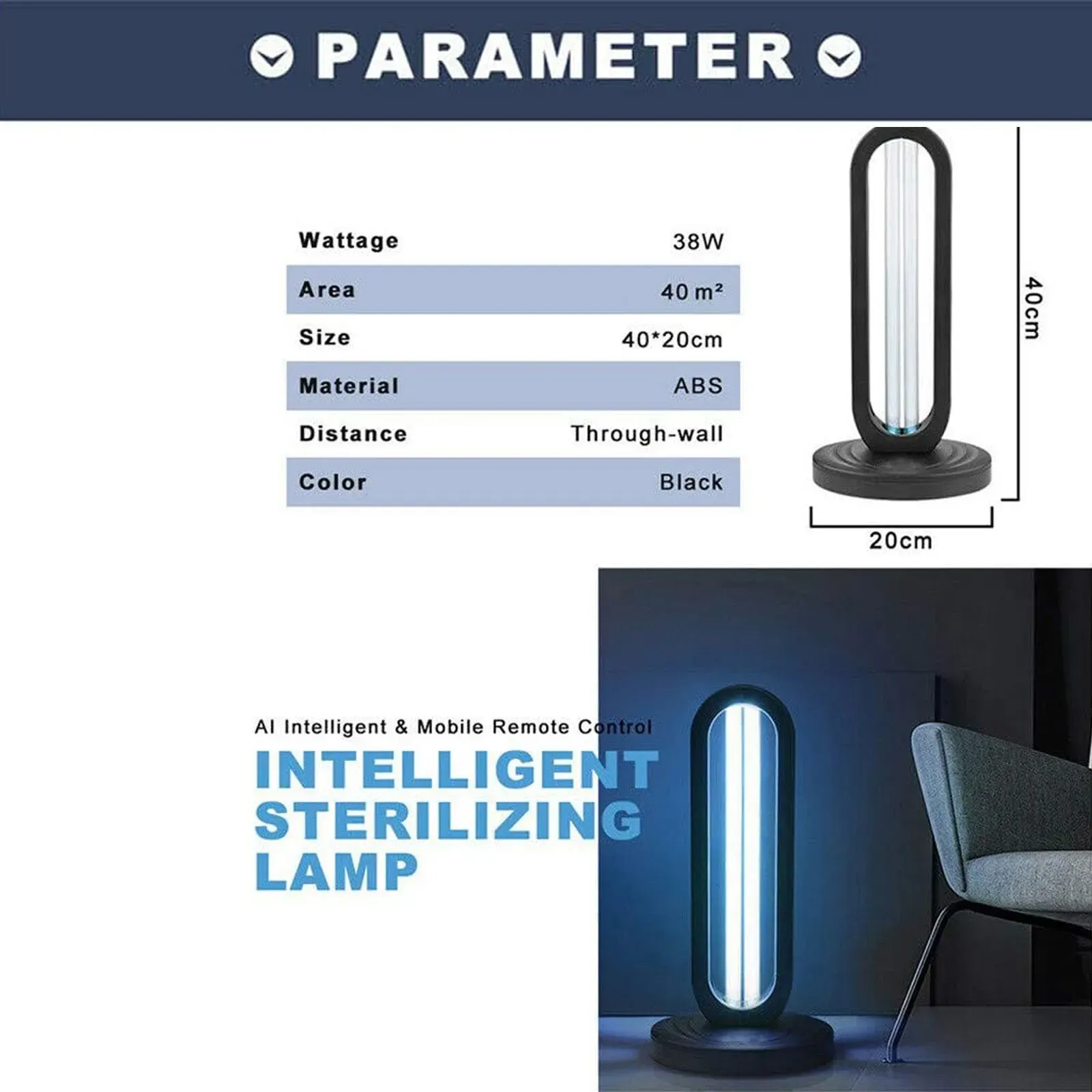 38W Black UVC UV Light Ozone Germicidal Lamp for Home and Office Disinfection view 9
