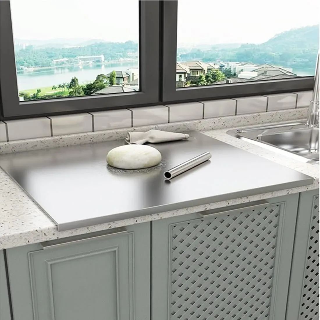 Silver Stainless Steel Chopping Board 50x40cm - Non-Slip Pastry Worktop Protector view 3