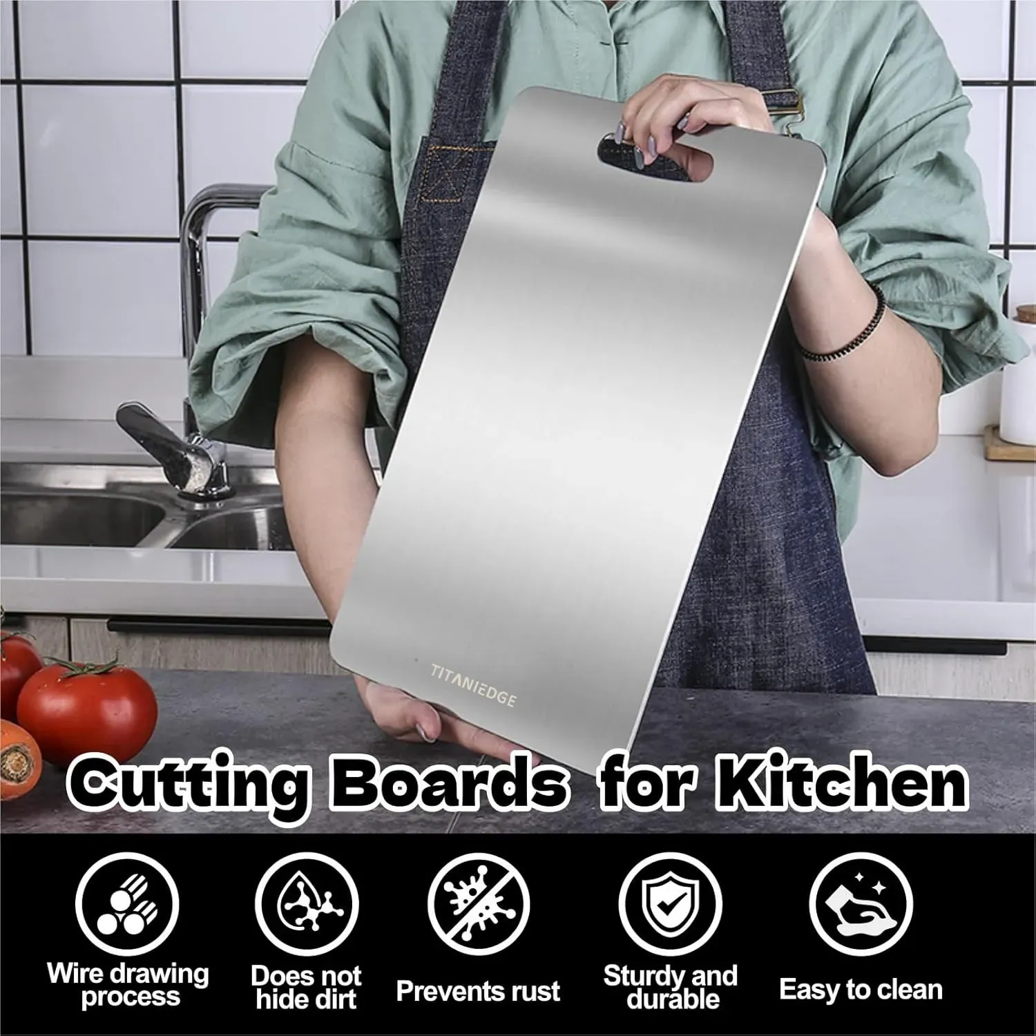 Double-Sided Titanium Cutting Board in Silver, 34x23cm view 6
