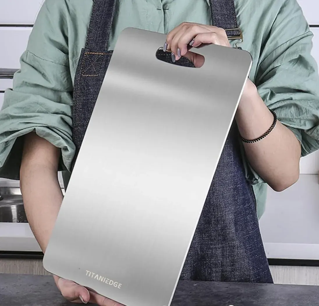 Double-Sided Titanium Cutting Board in Silver, 39x28cm for Kitchen and Camping