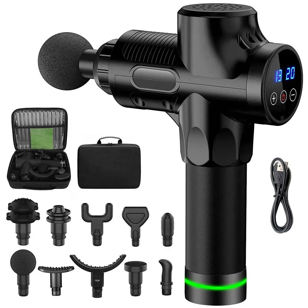 Deep Tissue Massage Gun Black with 10 Interchangeable Heads and 30 Adjustable