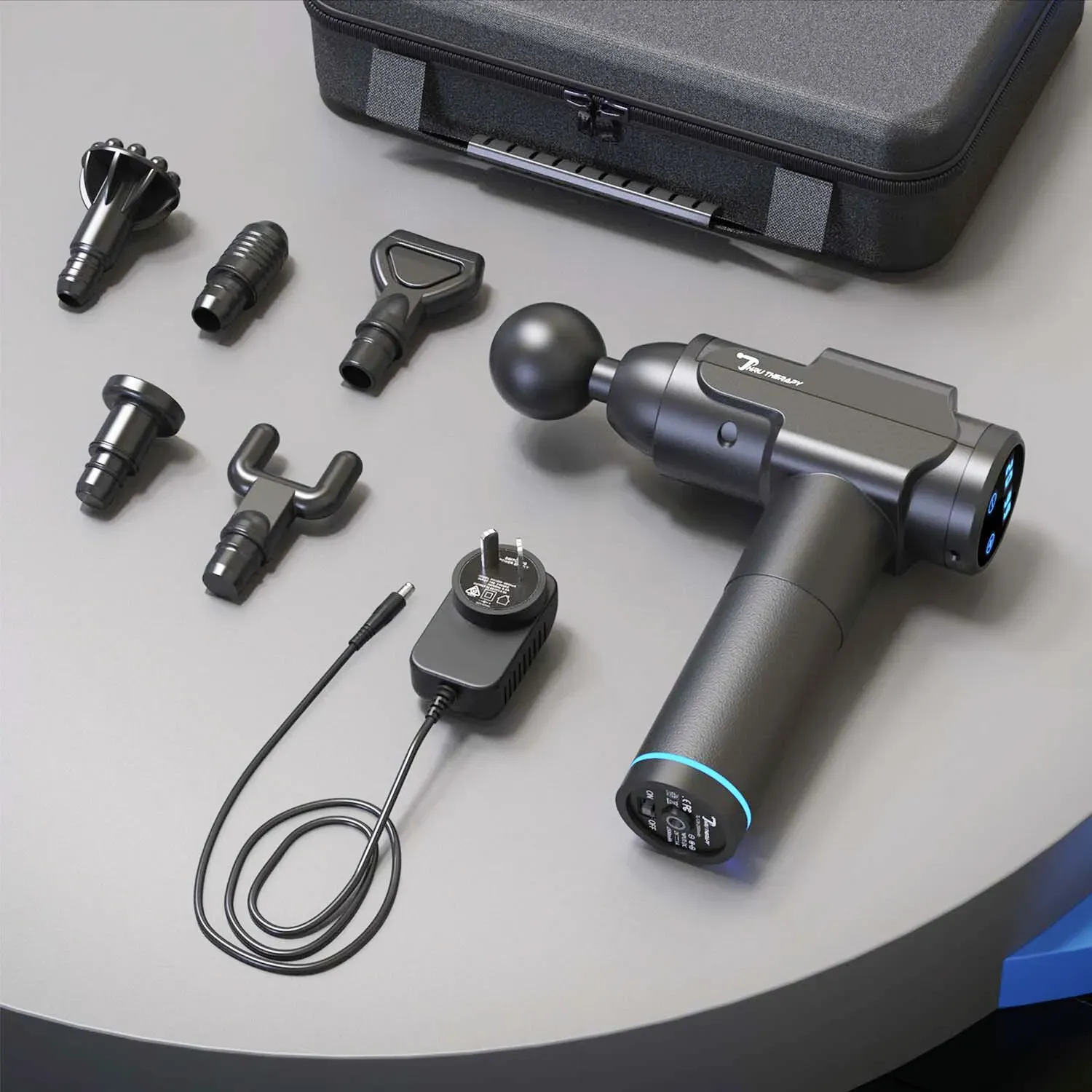 Deep Tissue Percussion Massage Gun in Black with 6 Heads and 20 Adjustable Speeds view 2