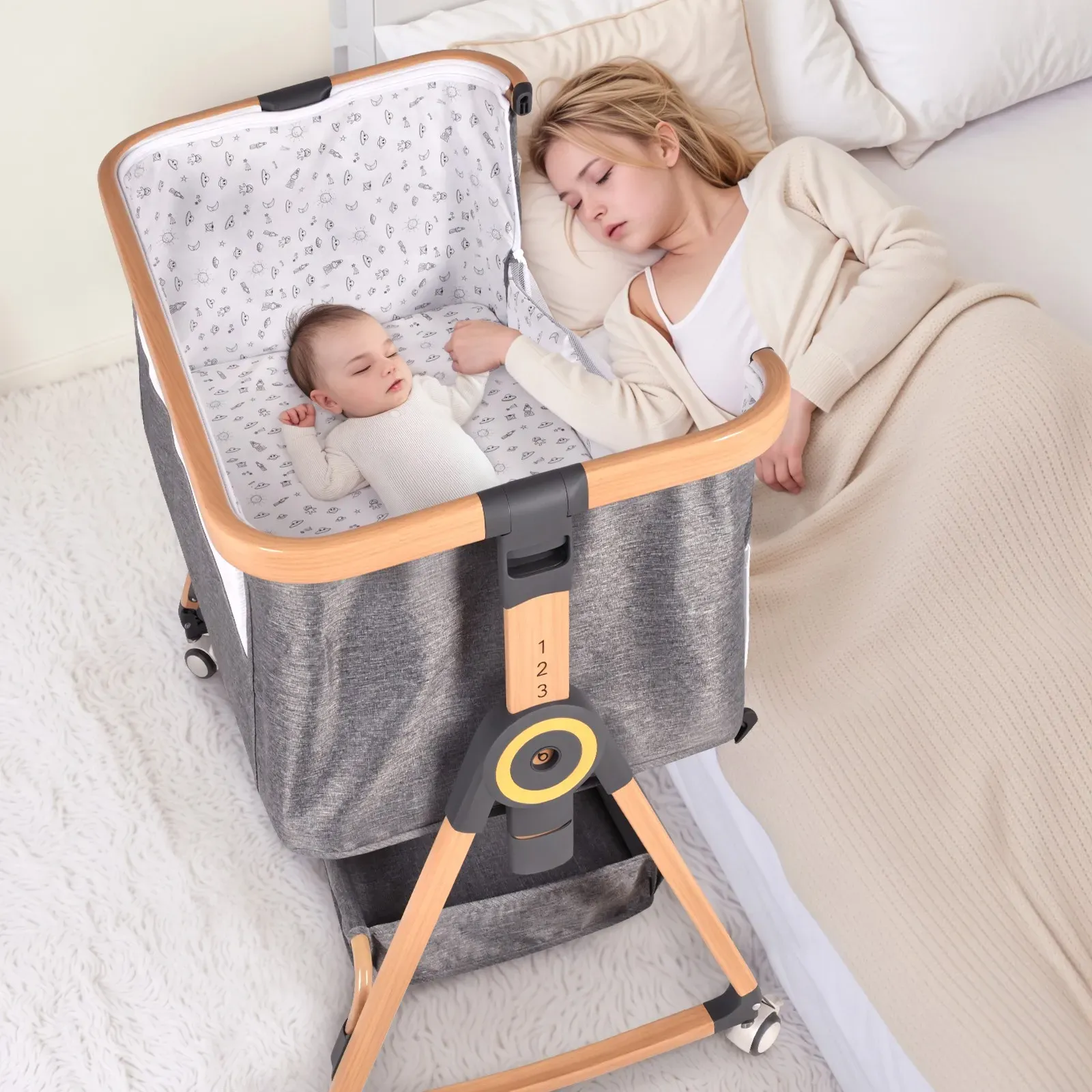 3 in 1 Grey Baby Bassinet Bedside Crib with Mattress