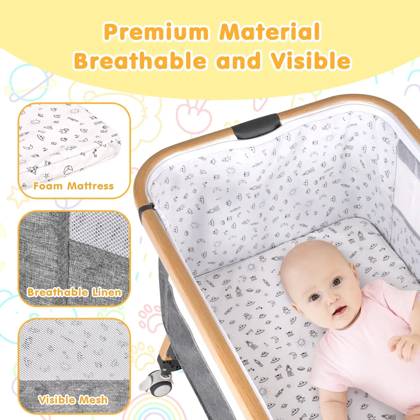 3 in 1 Grey Baby Bassinet Bedside Crib with Mattress view 5