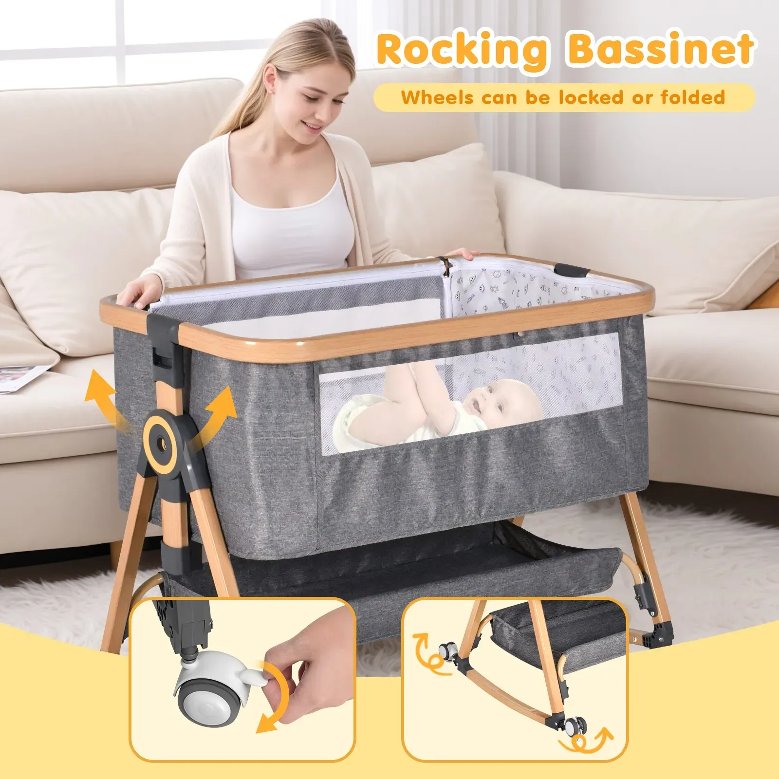 3 in 1 Grey Baby Bassinet Bedside Crib with Mattress view 6