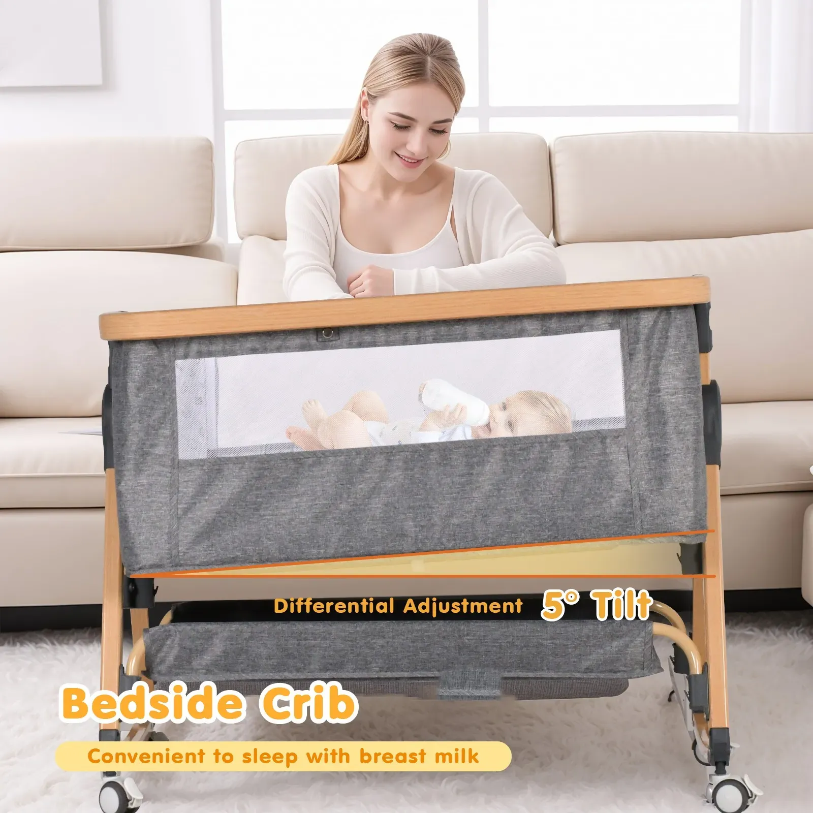 3 in 1 Grey Baby Bassinet Bedside Crib with Mattress view 7