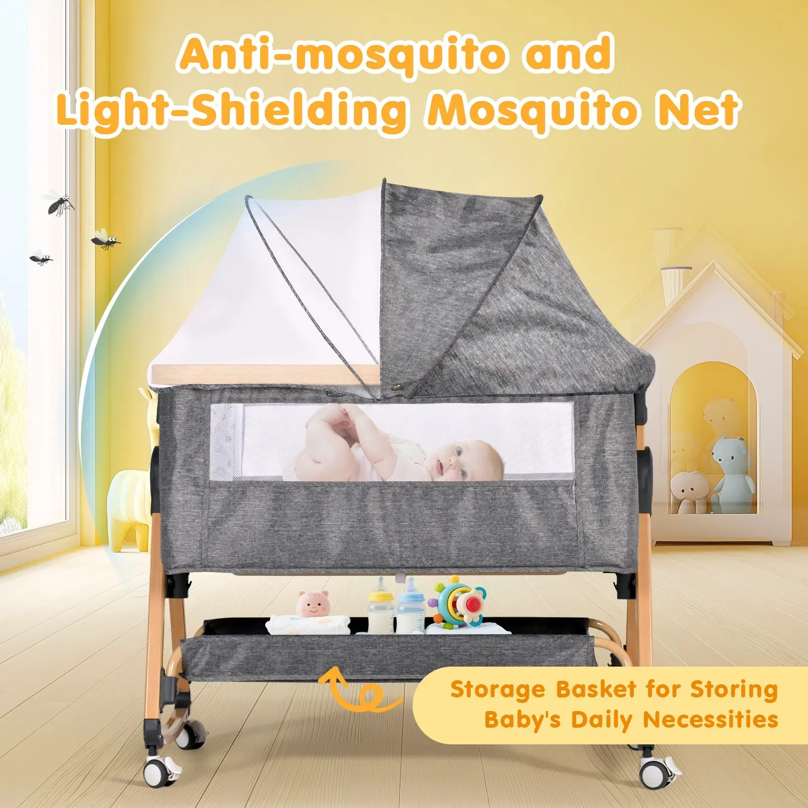 3 in 1 Grey Baby Bassinet Bedside Crib with Mattress view 8