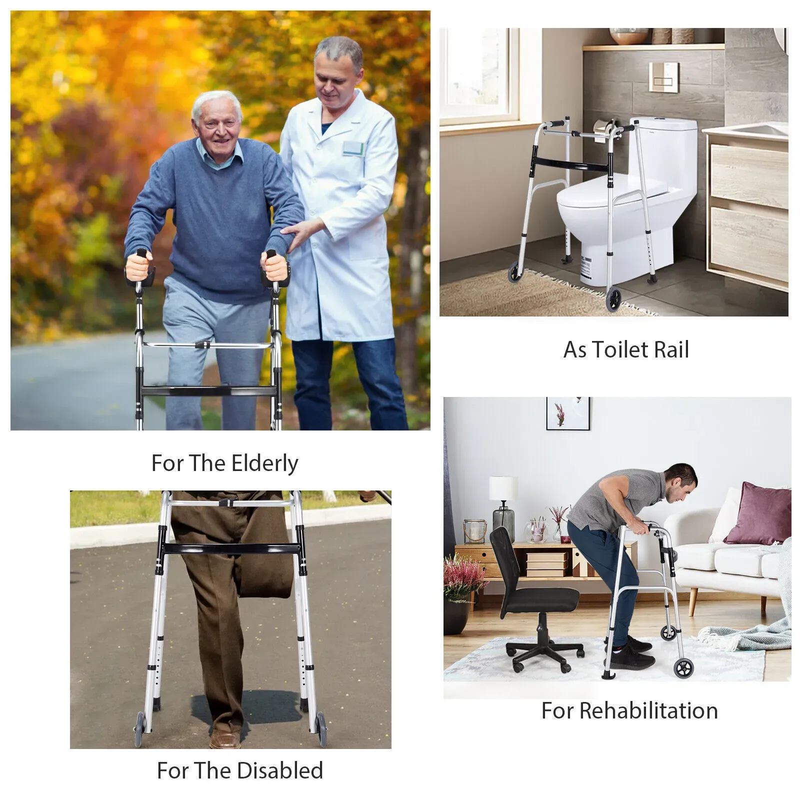 Height Adjustable Folding Medical Walking Frame in Black Aluminium Alloy view 2
