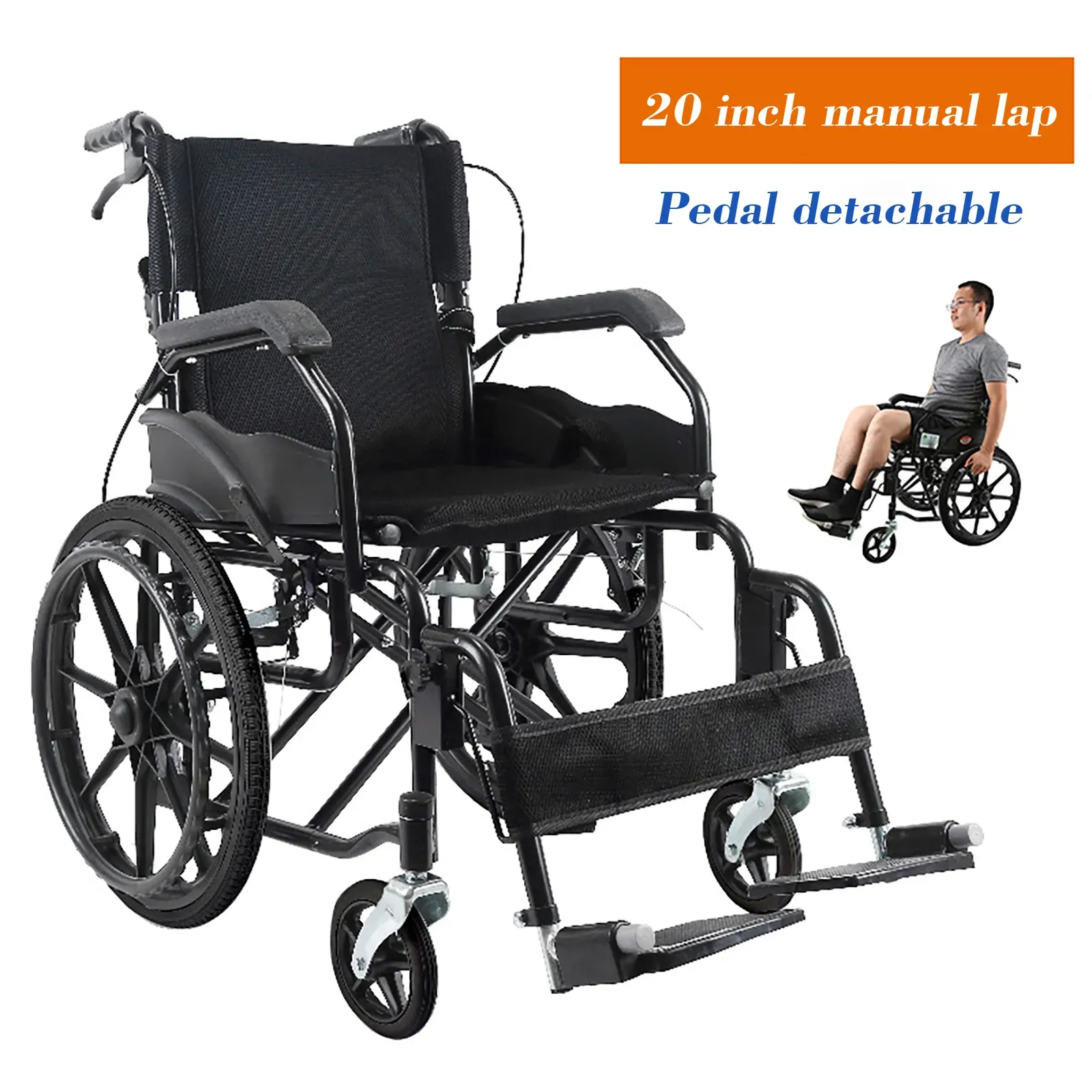 Black Wheelchair Lightweight 20" Black Self-Propelled Folding Wheelchair for view 8