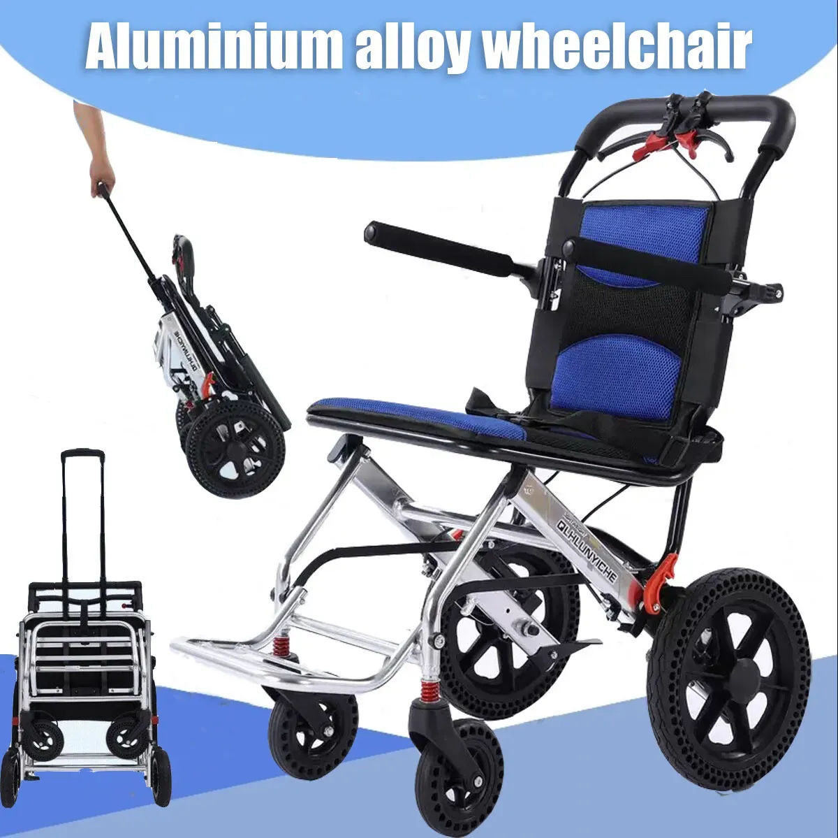 Portable Foldable Manual Wheelchair in Blue - Lightweight Travel Design for view 8