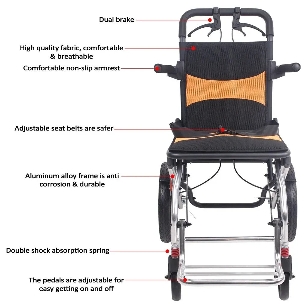 Portable Foldable Manual Wheelchair in Orange - Lightweight Travel Design view 4