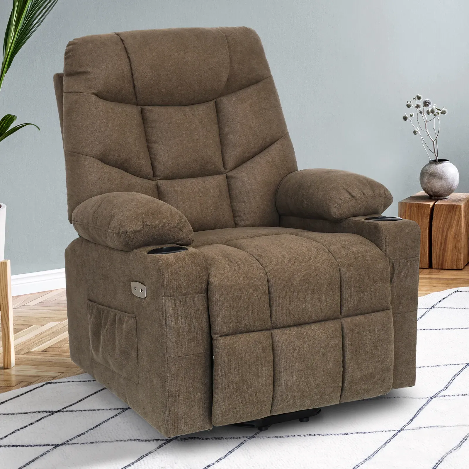 Electric Massage Recliner Chair in Brown with Heated Vibration and Lift Function