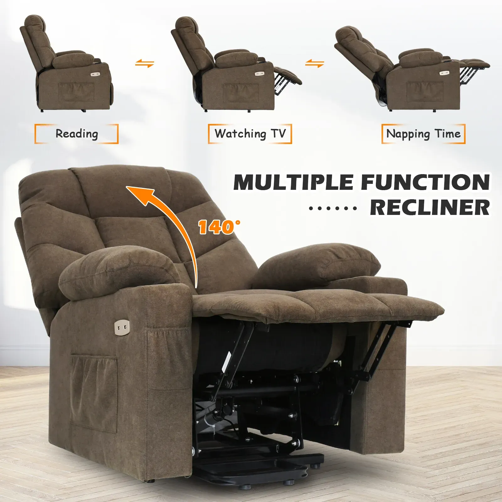Electric Massage Recliner Chair in Brown with Heated Vibration and Lift Function view 4
