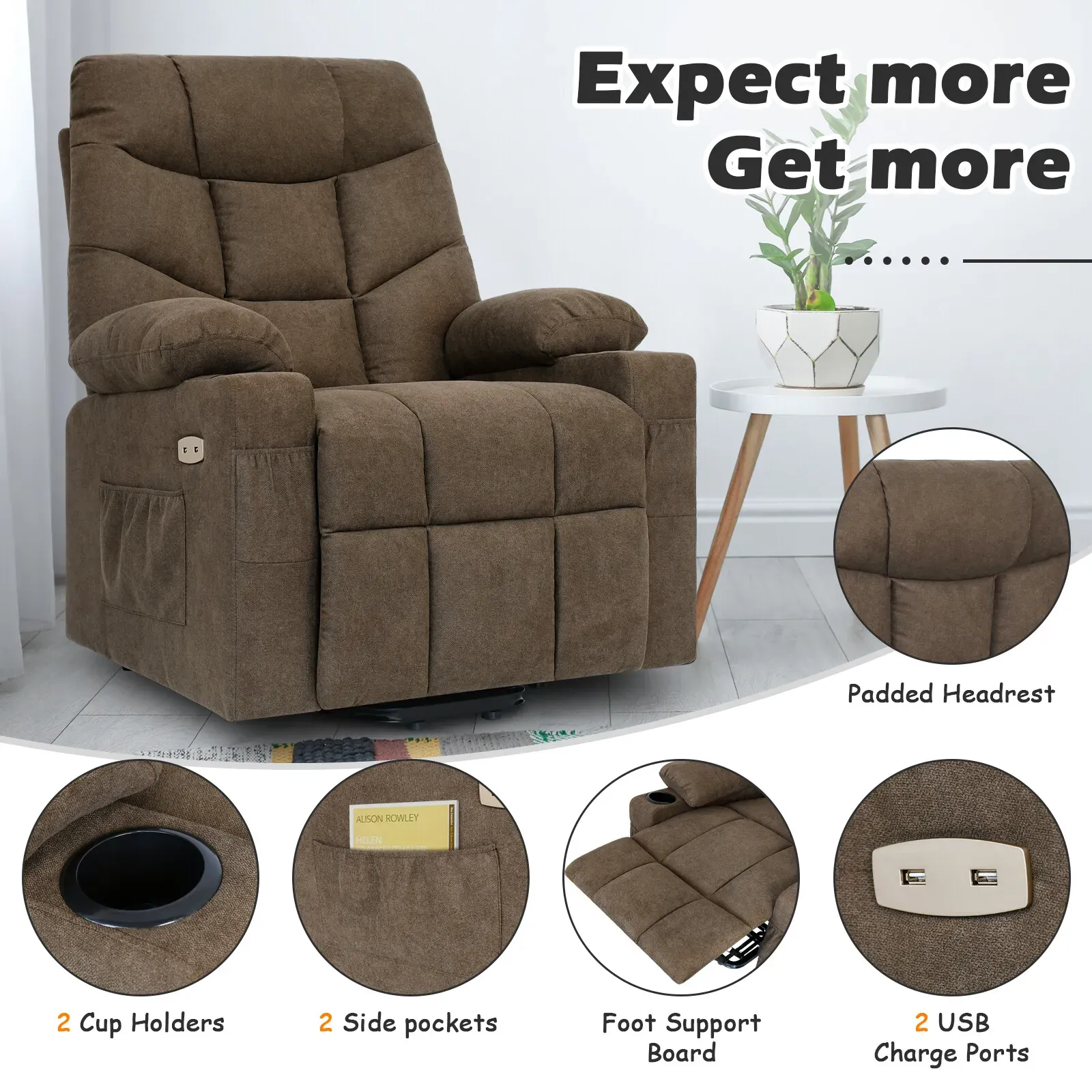 Electric Massage Recliner Chair in Brown with Heated Vibration and Lift Function view 5