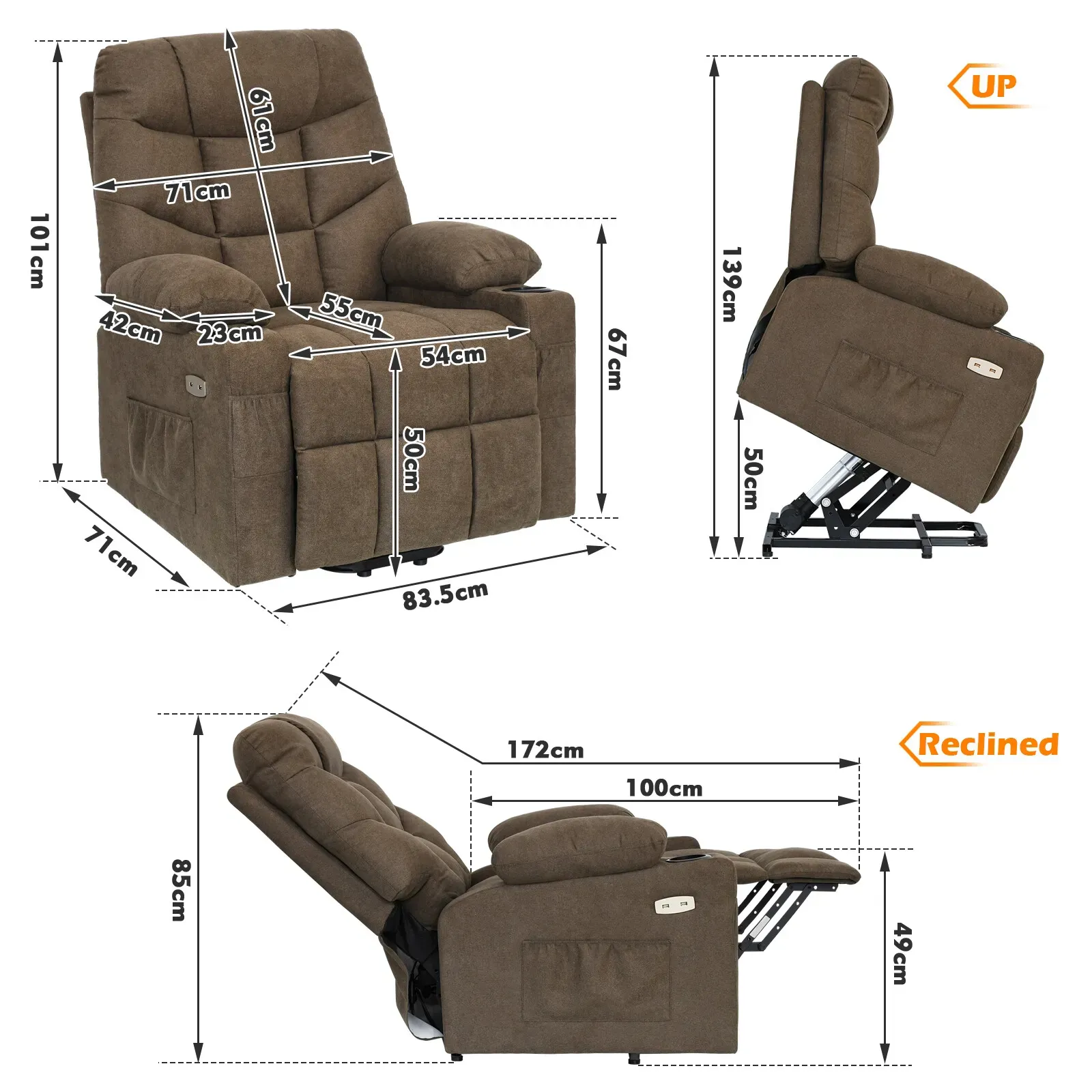 Electric Massage Recliner Chair in Brown with Heated Vibration and Lift Function view 9