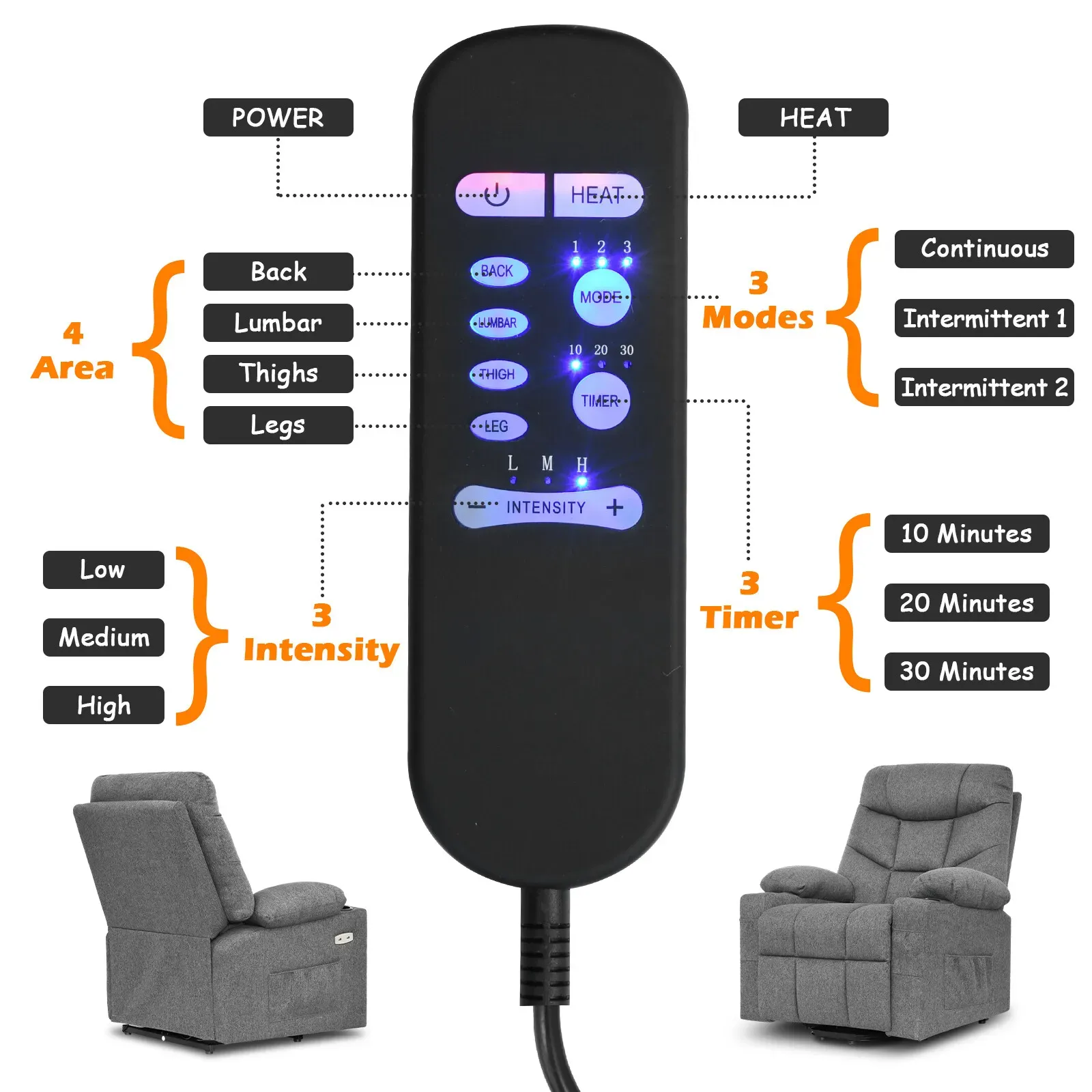Brown Electric Massage Recliner Chair with Heat and Vibration in Grey view 7