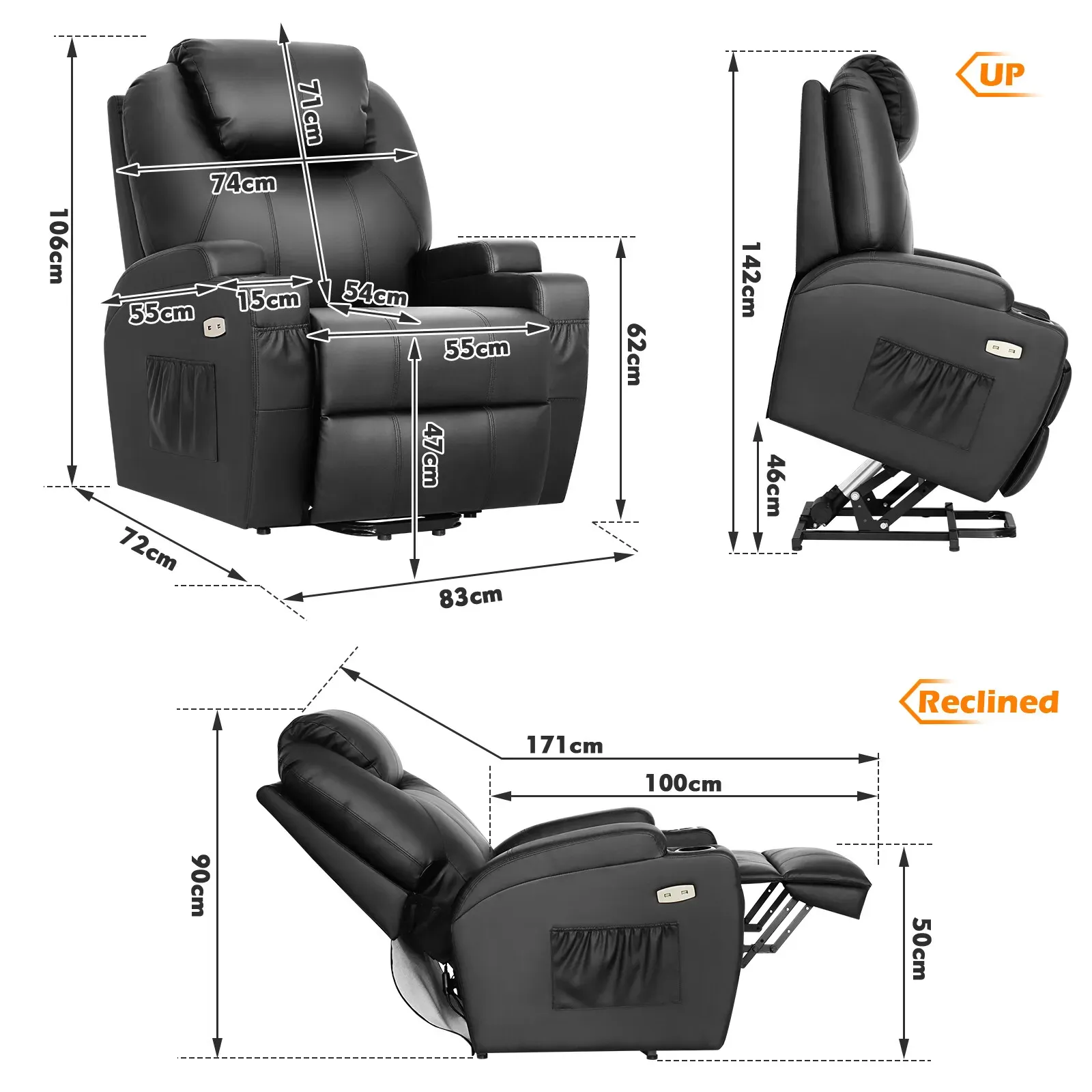 Brown Electric Massage Recliner Chair with Heat and Vibration in Grey view 8