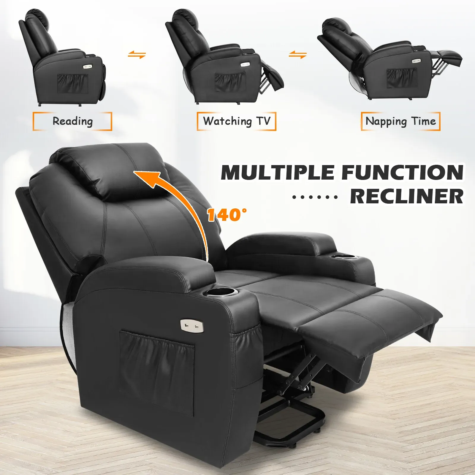 Brown Electric Massage Recliner Chair in Black with Heating and Vibration view 6