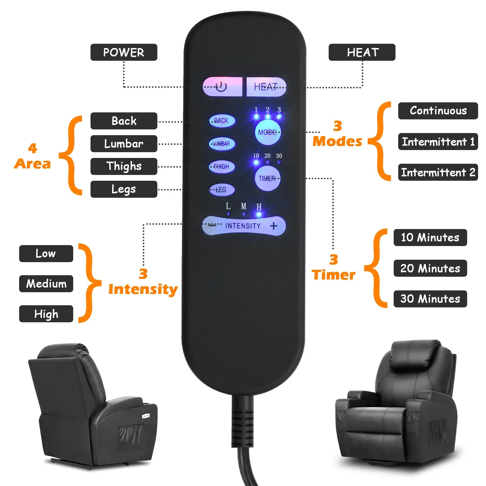 Brown Electric Massage Recliner Chair in Black with Heating and Vibration view 8