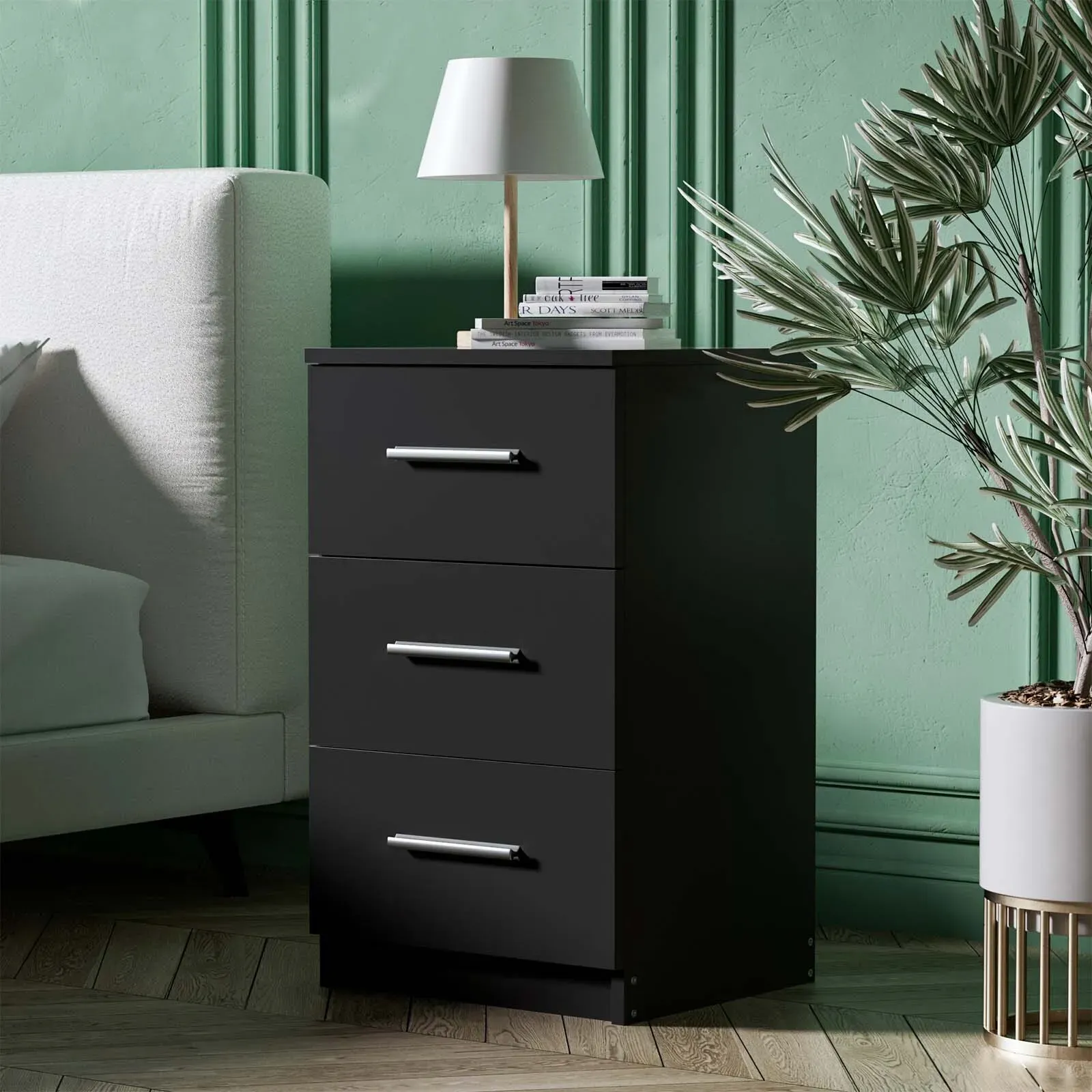 Black White Black Bedside Table with 3 Drawers