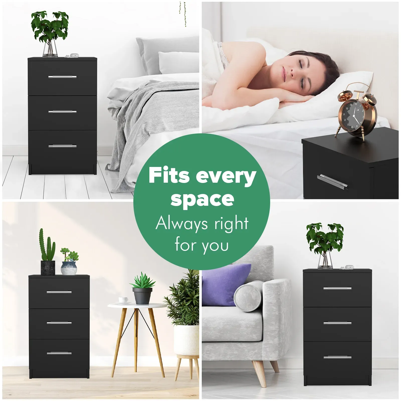 Black White Black Bedside Table with 3 Drawers view 6