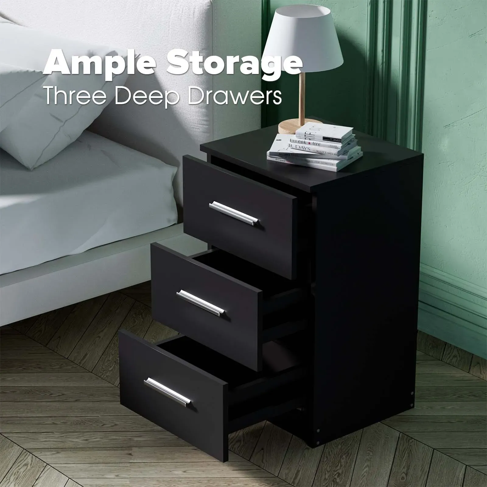 Black White Black Bedside Table with 3 Drawers view 7