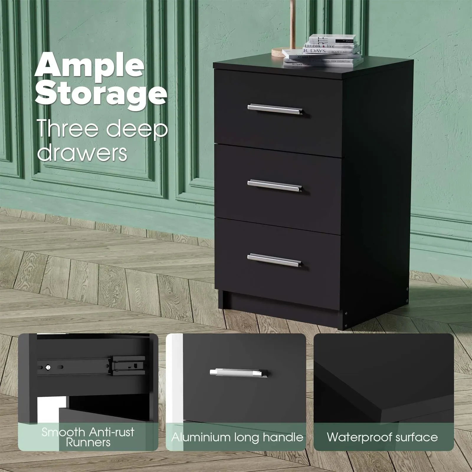 Black White Black Bedside Table with 3 Drawers view 8