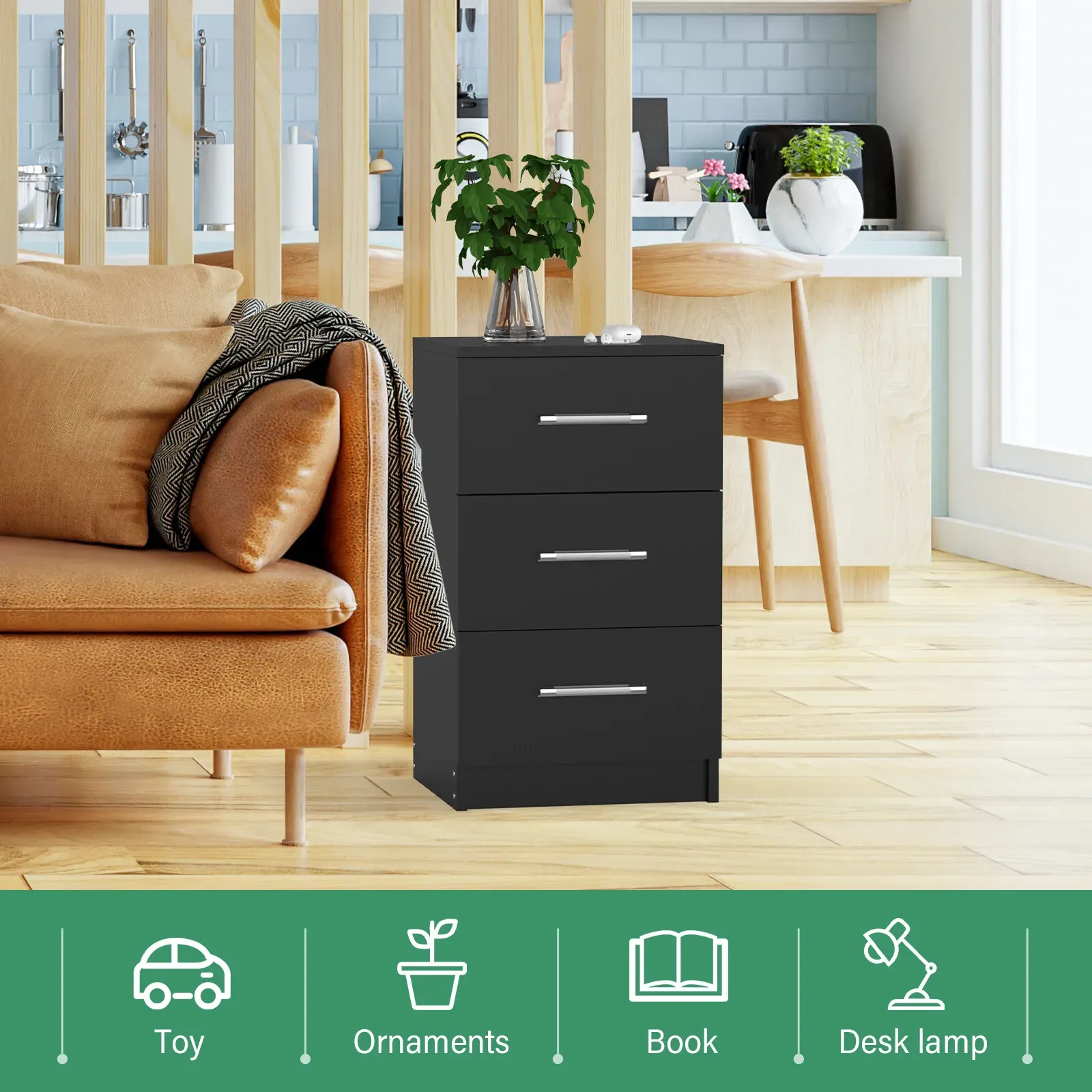 Black White Black Bedside Table with 3 Drawers view 9