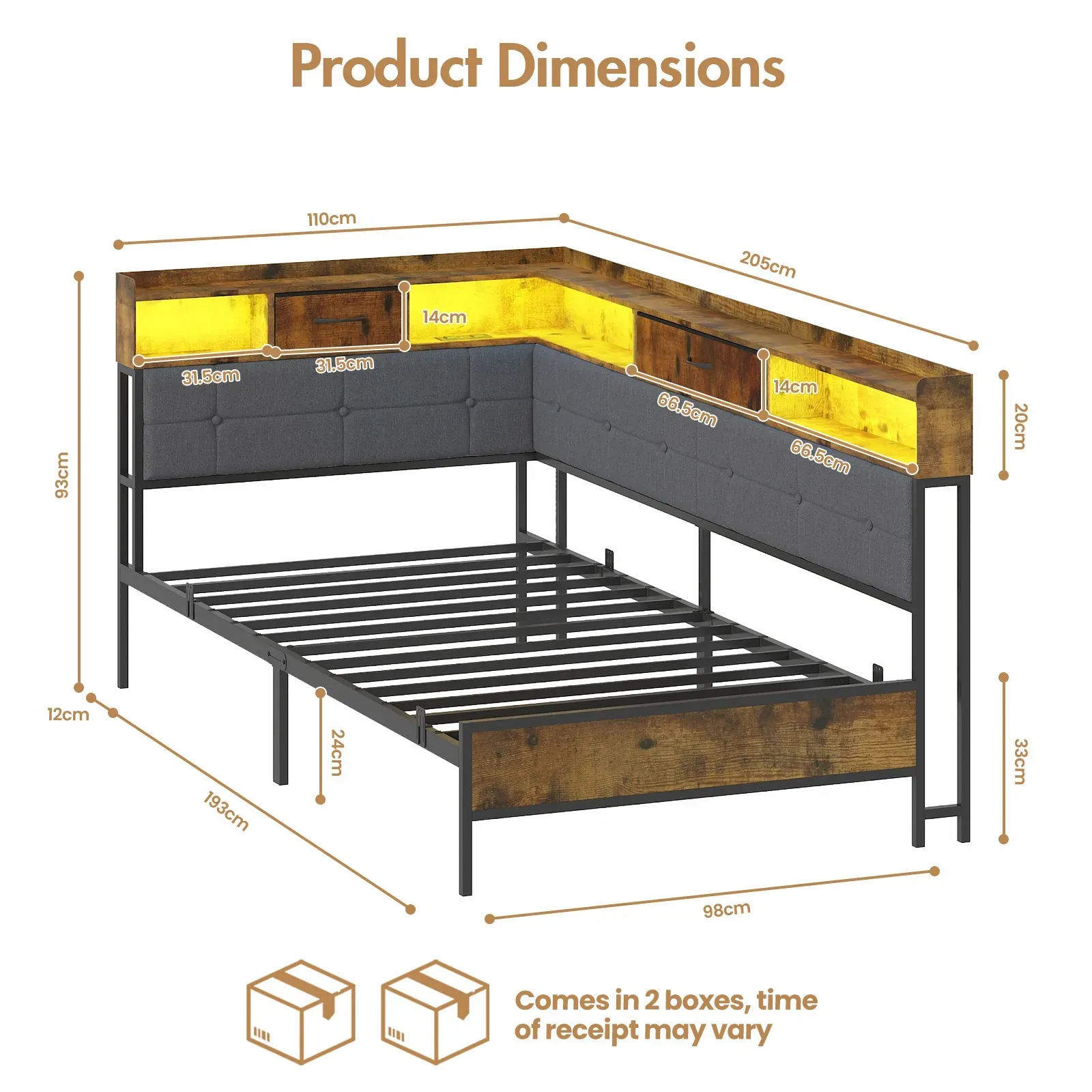 Walnut Single LED Corner Bed Frame in Black with 2 Storage Drawers and view 2