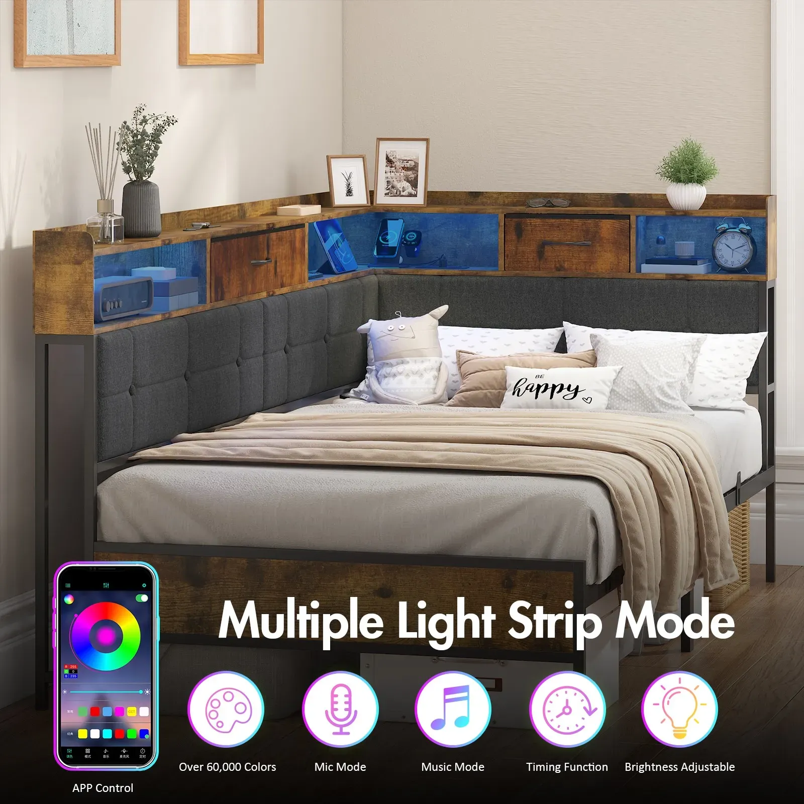 Walnut Single LED Corner Bed Frame in Black with 2 Storage Drawers and view 3