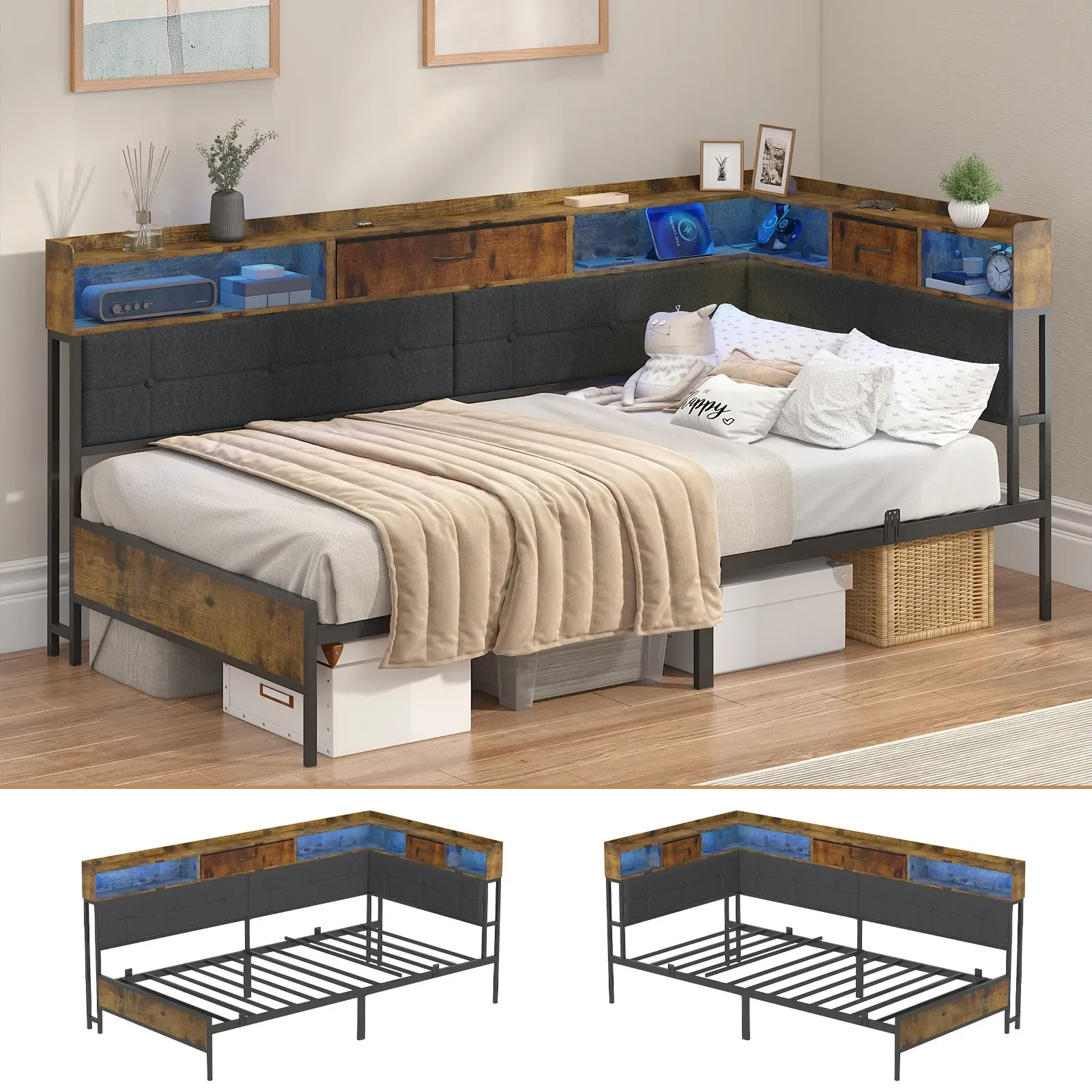 Walnut Single LED Corner Bed Frame in Black with 2 Storage Drawers and view 6