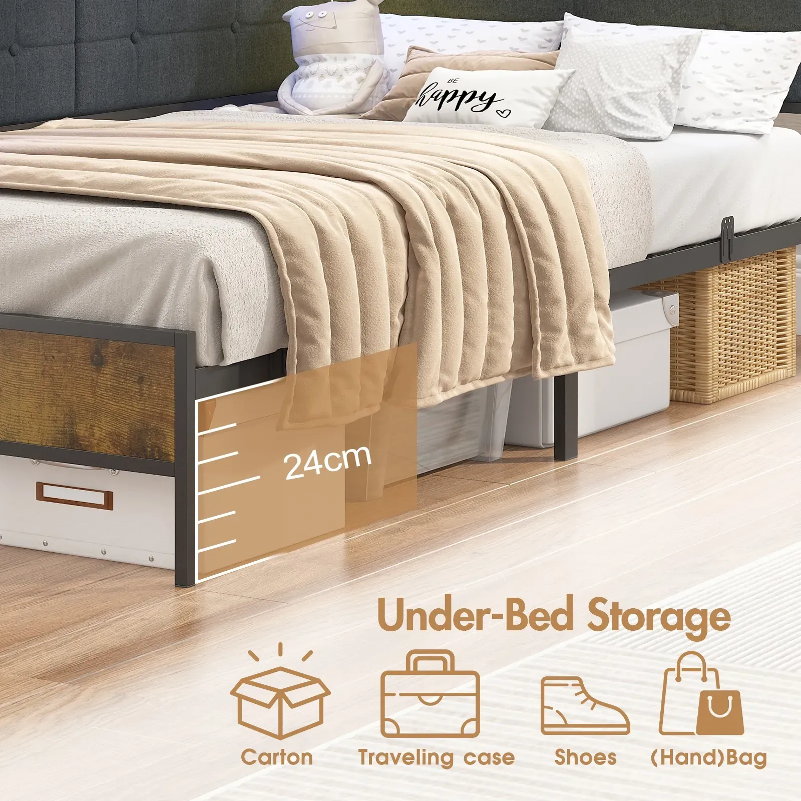 Walnut Single LED Corner Bed Frame in Black with 2 Storage Drawers and view 7