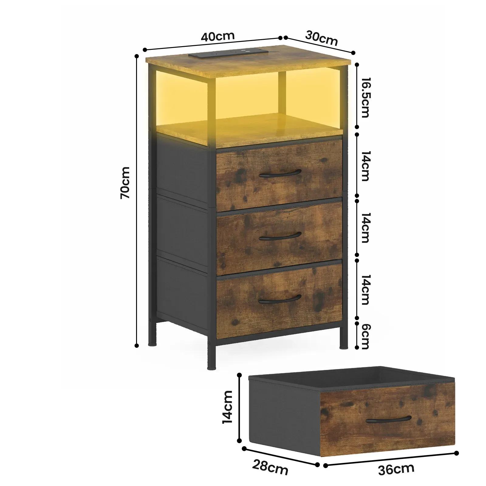 Nightstand with RGB LED Light and Charging Station, Brown, 40x30x70cm view 2
